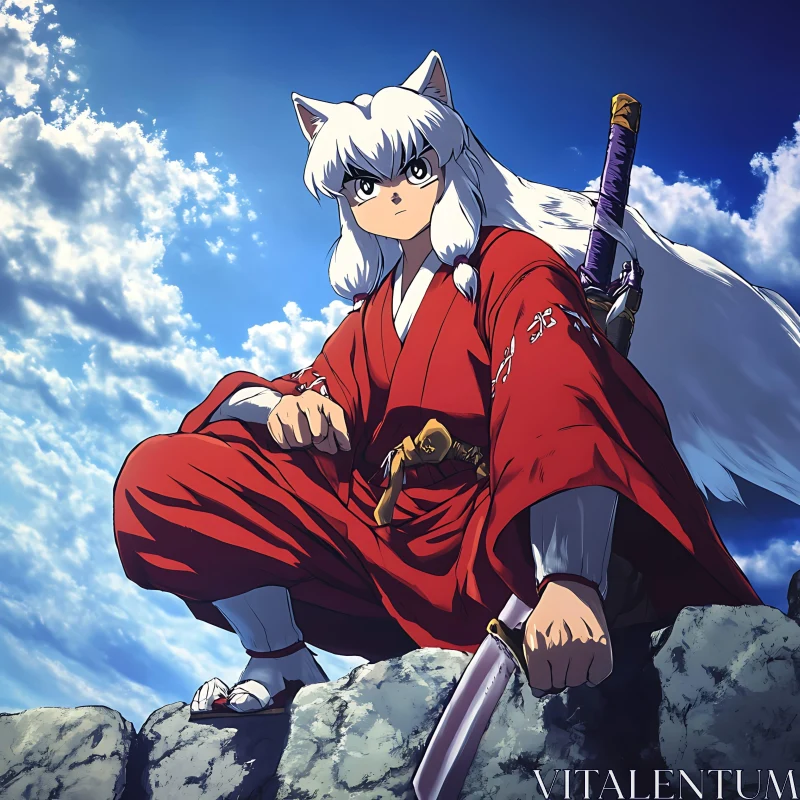 Anime Cat-Eared Samurai with Sword AI Image