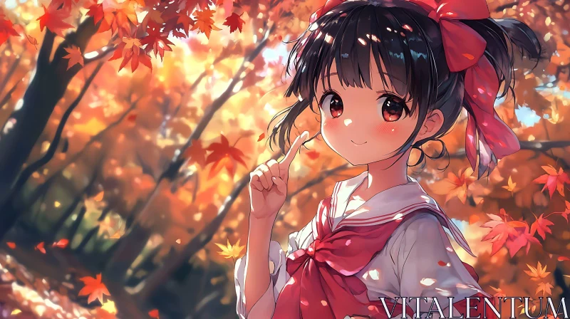 Charming Anime Girl with Red Bow in Autumn AI Image