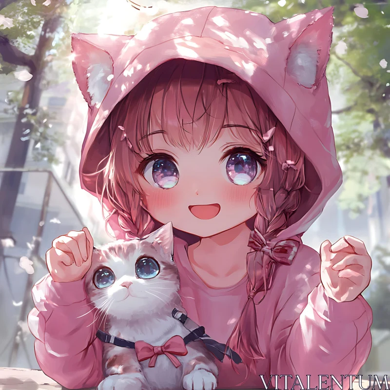 Cute Anime Girl and Cat Under Cherry Blossom Trees AI Image