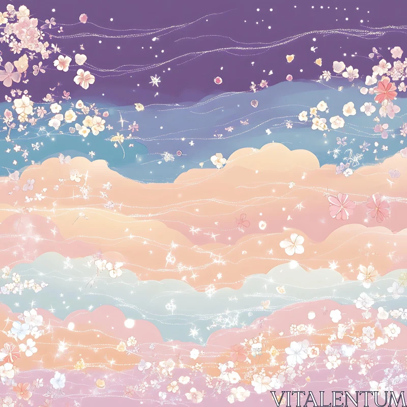 Whimsical Flowers in a Dreamy Abstract Sky AI Image