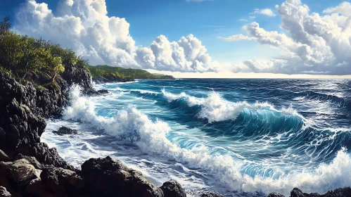 Coastal Seascape with Azure Waves and Clouds