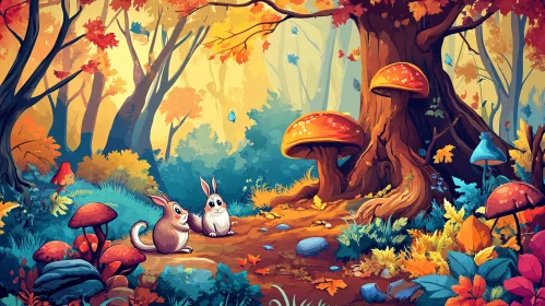 Cartoon Forest with Rabbits and Fungi