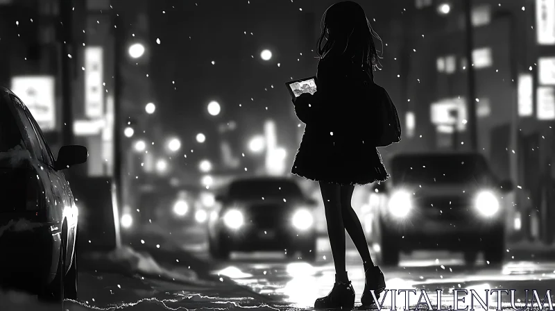 Silhouette under Snowfall in Urban Night - Anime AI Image