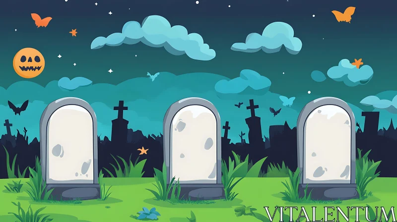 Halloween Night Cartoon Cemetery Scene AI Image