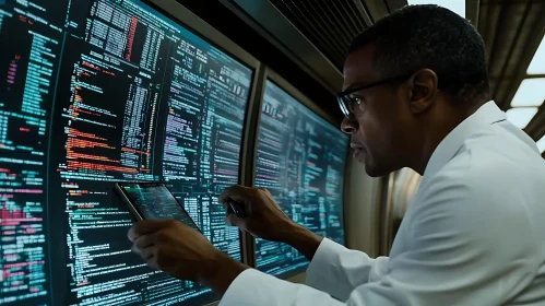 Man Examining Complex Data Code