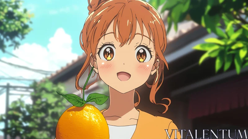 Cheerful Anime Girl with Orange Fruit AI Image