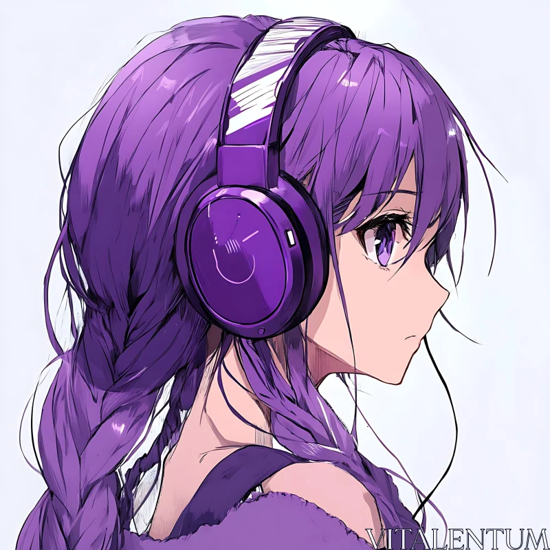 Profile of Anime Girl with Braids and Purple Headphones AI Image