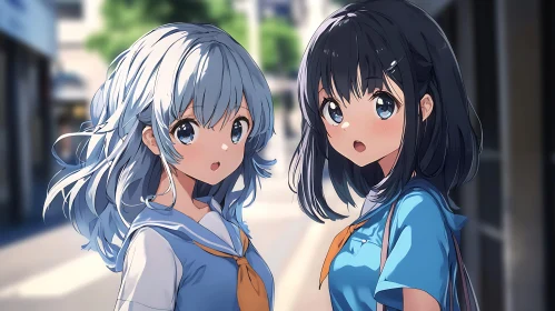 Anime Schoolgirls with Blue and Black Hair