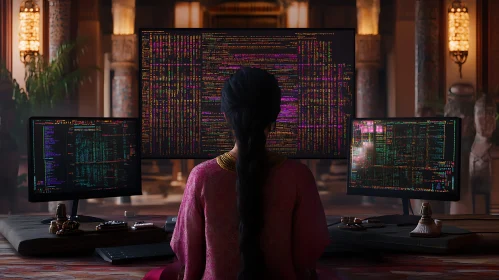 Woman Coding on Multiple Monitors