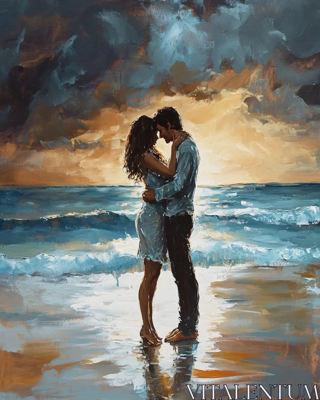 AI ART Couple Embracing at Sunset on the Beach