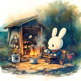 Cartoon Rabbit Chef by the Fire