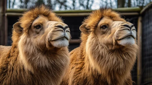 Two Lions Looking Upward