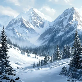Snowy Mountain Vista with Evergreen Forest
