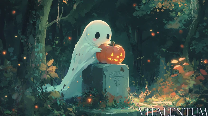 Charming Halloween Ghost in Mystical Woods AI Image