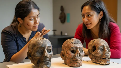 Women Inspecting Archaeological Stone Sculptures