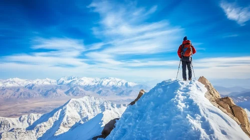 Hiker on Snowy Mountain Peak