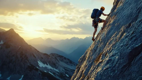 Mountain Climber Silhouette Against Sunset Sky