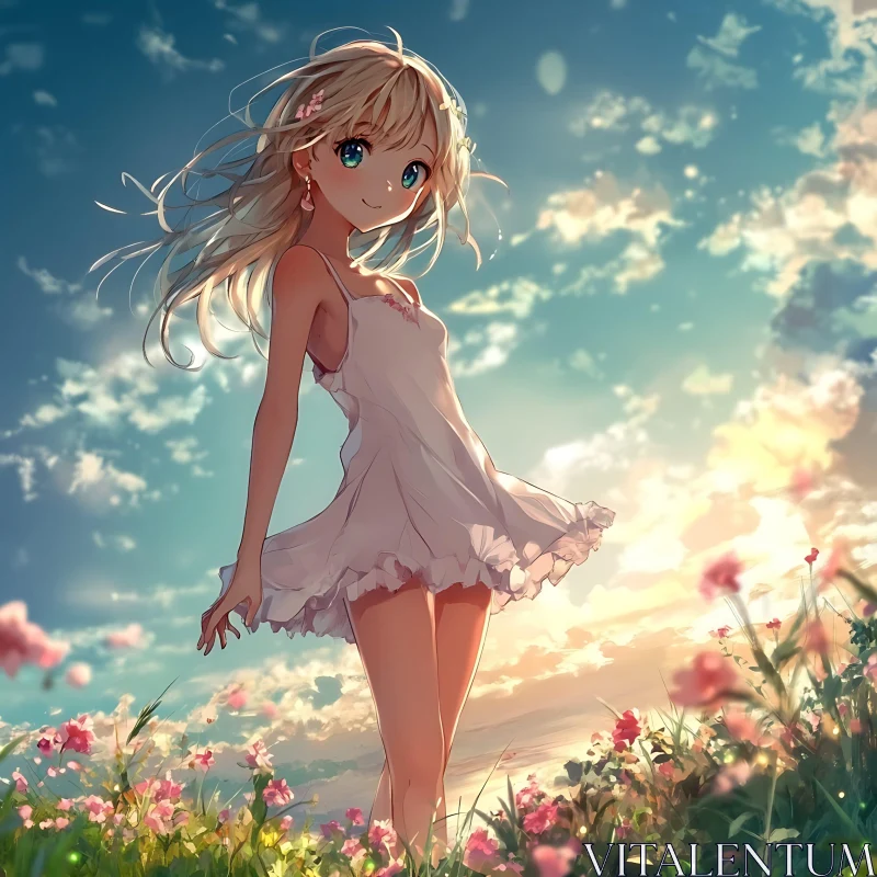 Peaceful Anime Girl in Blossoming Field AI Image