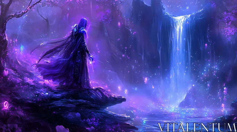 Mystical Figure by a Glowing Waterfall AI Image