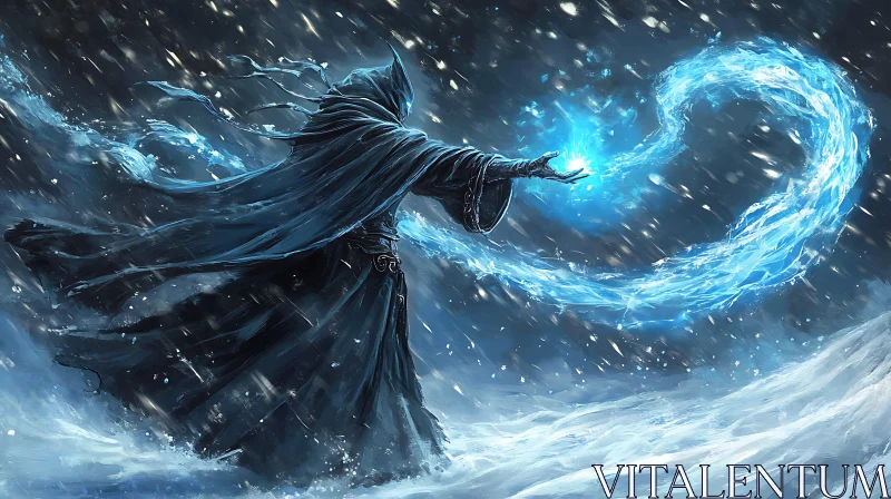 Enigmatic Wizard Casting Spell in Winter Storm AI Image