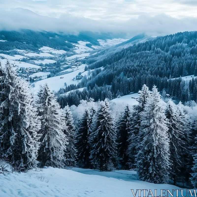 Snow-Covered Mountains and Frosty Pine Trees in a Winter Wonderland AI Image