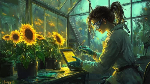 Scientist Analyzing Sunflowers in Greenhouse