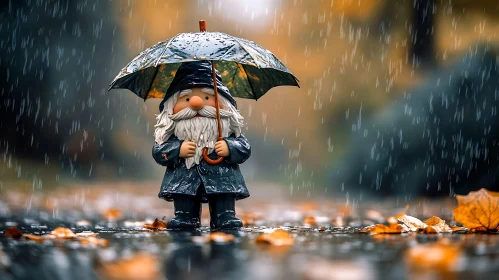 Garden Gnome with Umbrella in the Rain