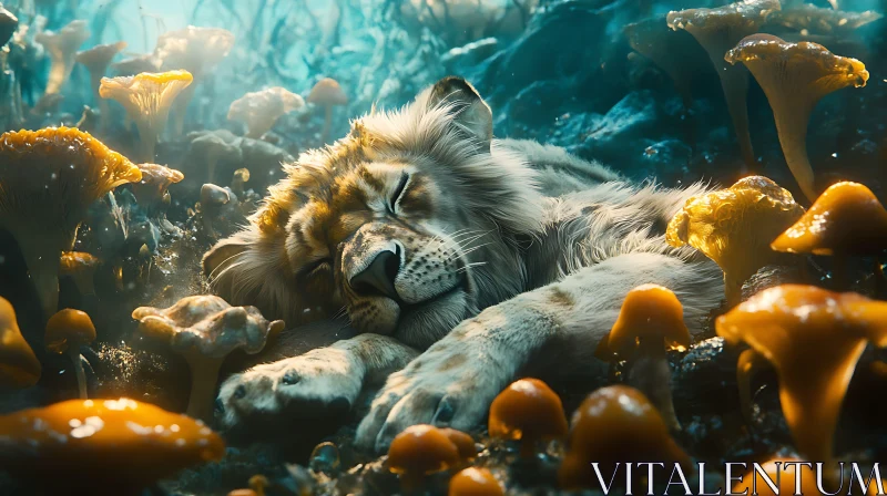 Resting Lion Among Glowing Fungi AI Image