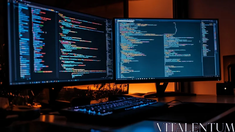 Illuminated Code on Dual Screens AI Image