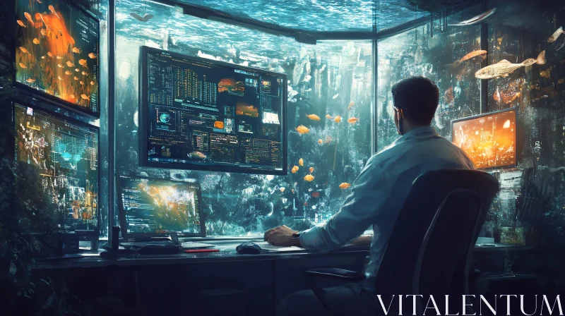 Submerged Tech Workspace with Aquatic Life AI Image