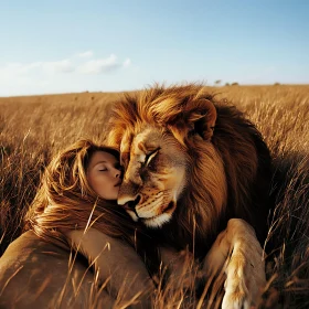 Woman Embracing Lion in Grassy Field