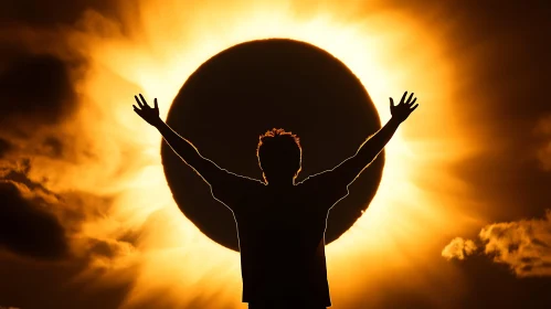 Solar Eclipse Silhouette with Raised Arms