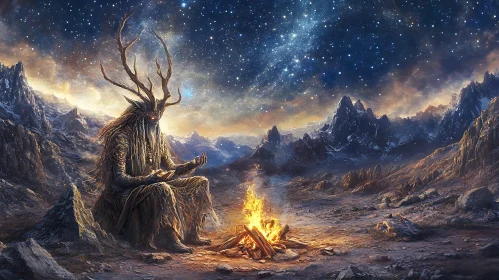 Antlered Being by Fire in Mountainous Landscape