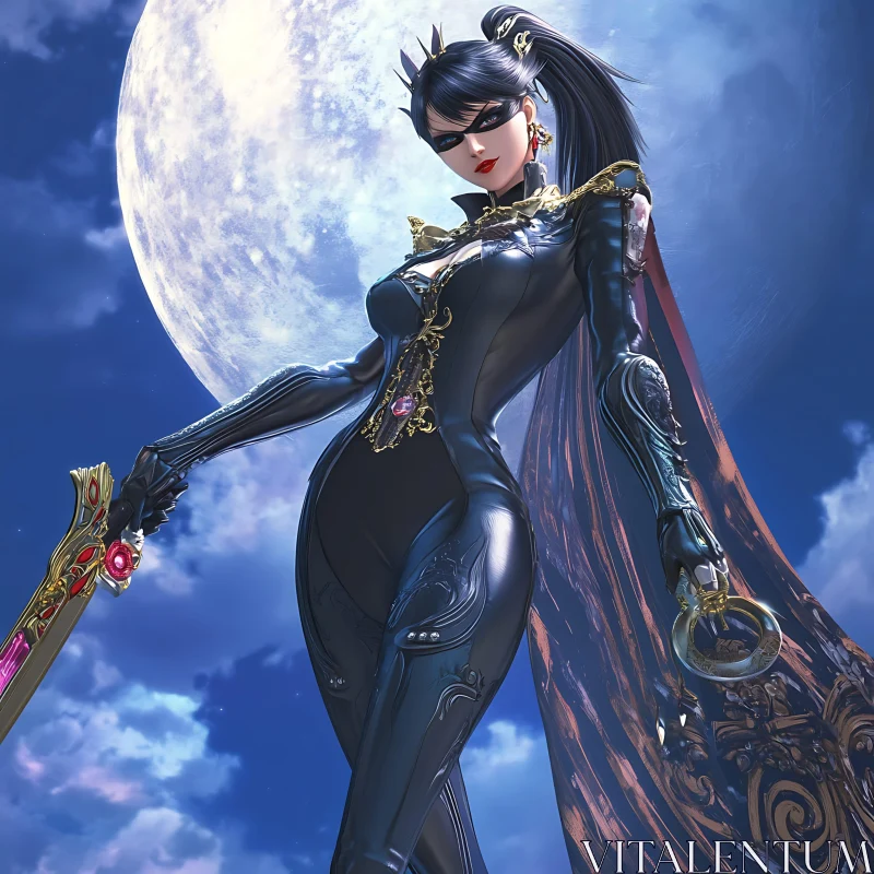 Moonlit Female Warrior in Dark Bodysuit AI Image