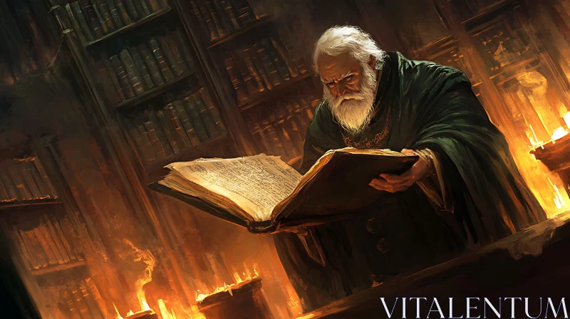 Old Wizard Studying Magic Book AI Image