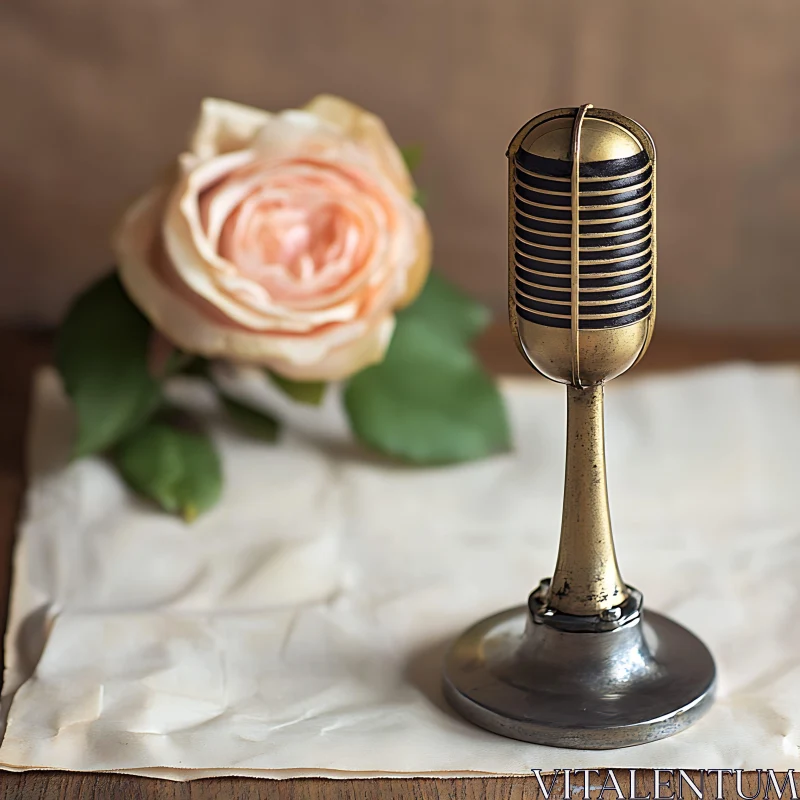 AI ART Retro Microphone and Peach Rose