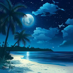 Nighttime Beach with Moonlit Waves