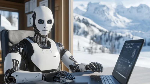 Robot in Office with Snowy Backdrop