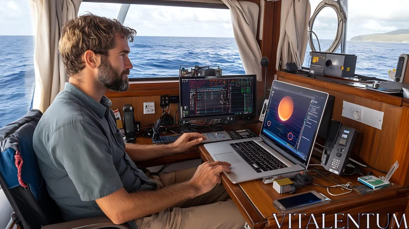 Man Working on Laptop Aboard Boat AI Image