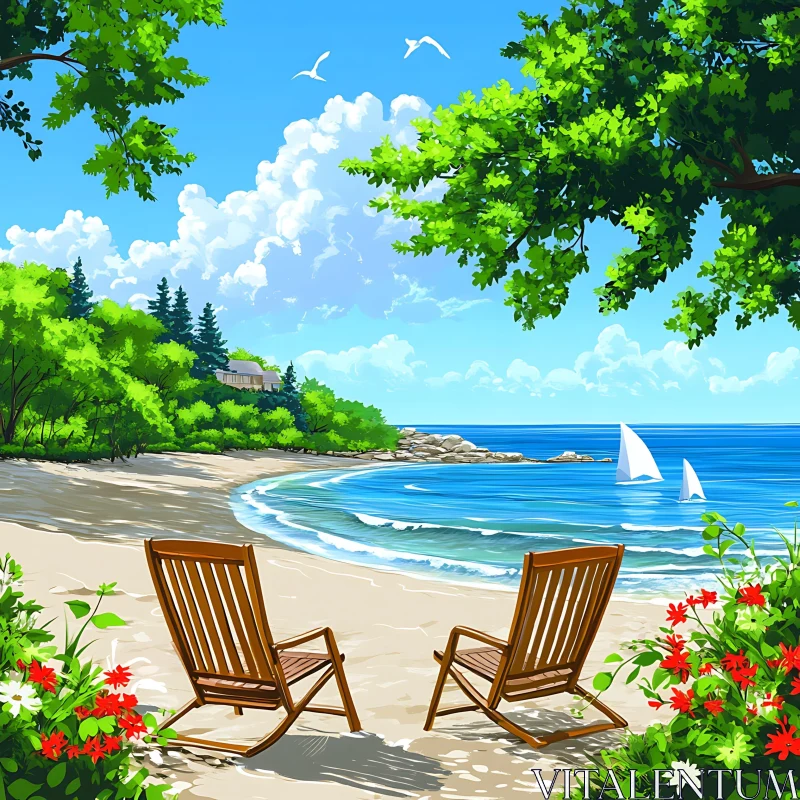 Tranquil Seascape with Beach Chairs AI Image