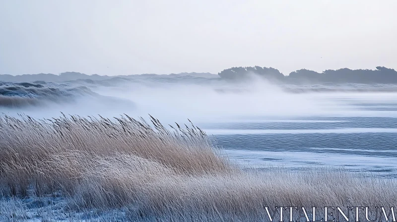 Frosted Grass and Winter Mist Scenery AI Image