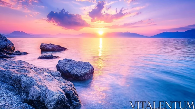 Peaceful Sea Sunset with Rocks and Mountains AI Image