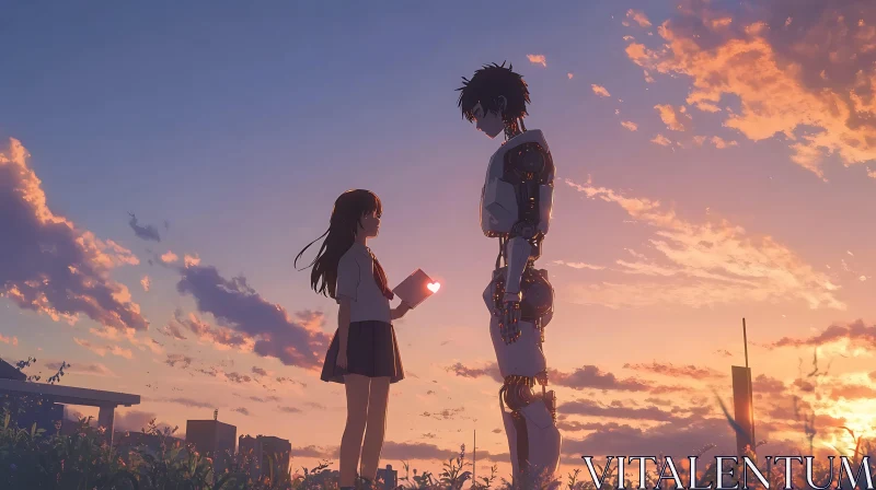 Anime Sunset with Robot and Girl Interaction AI Image