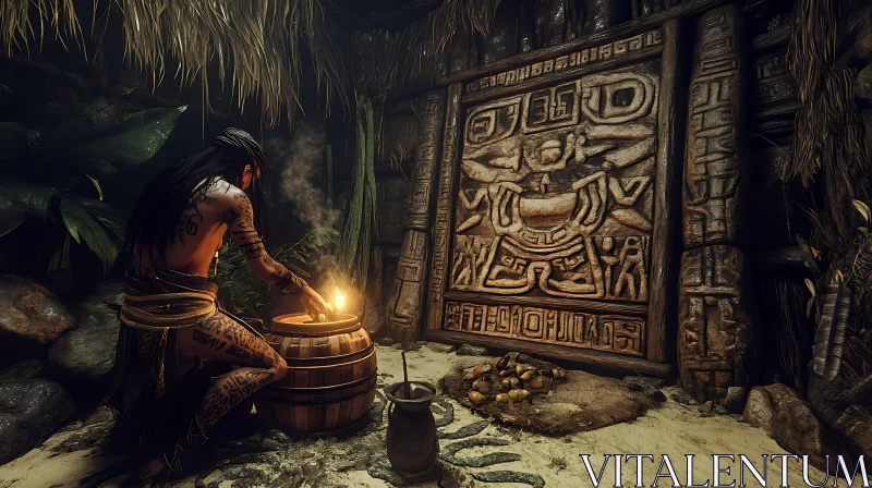 Ancient Rituals and Carved Stone Door AI Image