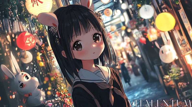 Anime Girl in Lantern-Lit Night Street AI Image