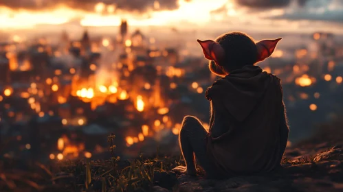 Hooded Creature Watching City Ablaze Under Night Sky