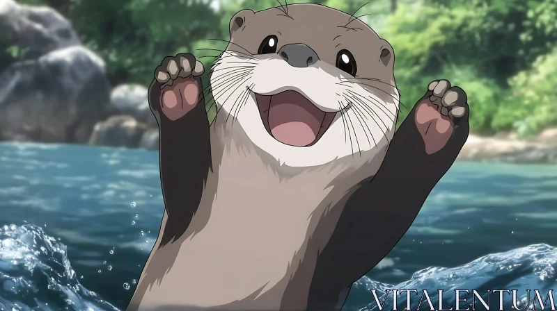 Happy Otter in Animated Forest Stream AI Image