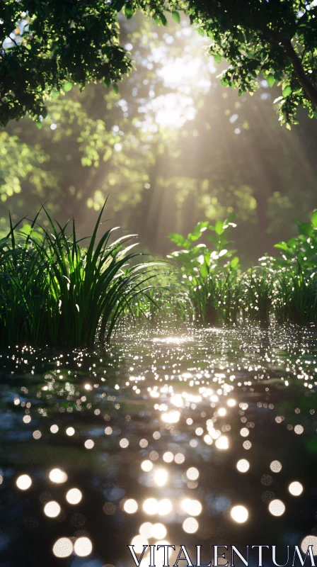 Tranquil Sunlit Forest with Reflections AI Image