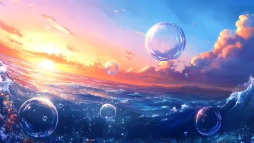 Tranquil Ocean View with Floating Bubbles