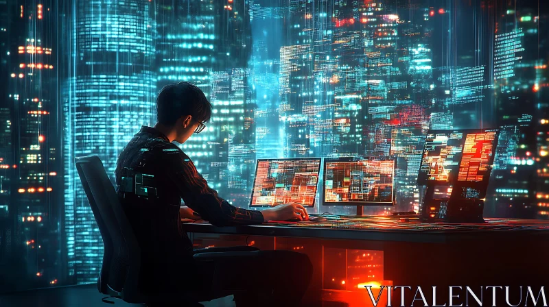 Cyberpunk Coder in Neon City AI Image